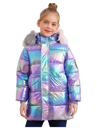 Manyakai Mädchen Winterjacke Langarm Kinder Metallic Jacke mit Kapuze Wintermantel Outdoorjacke Warme Mantel Oberbekleidung Violett 158-164 von Manyakai