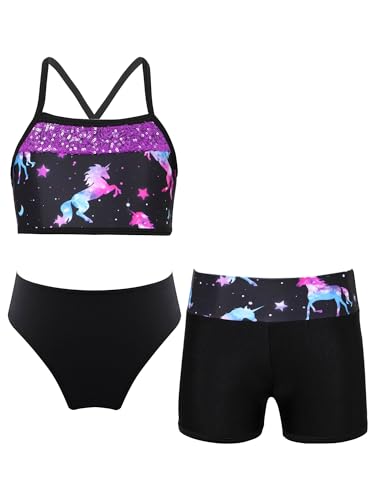 Manyakai Kinder Mädchen Badeanzug Dreiteiler Bademode Sportlich Motiv Bikini Oberteil Hose Mit Shorts Schnelltrocknend Strandanzug Schwarz 146-152 von Manyakai