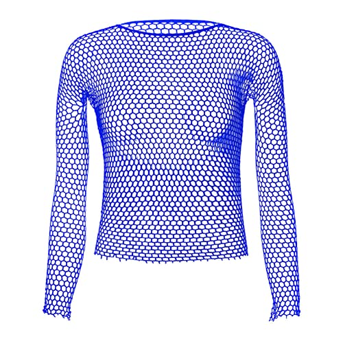 Manyakai Nylon Oberteil Transparent Herren Netzshirt Langarm Sexy Neon Fishnet Shirt Mesh Unterhemd Rundhals Sportshirt Atmungsaktiv Erotisch Nachtwäsche Blau One Size von Manyakai