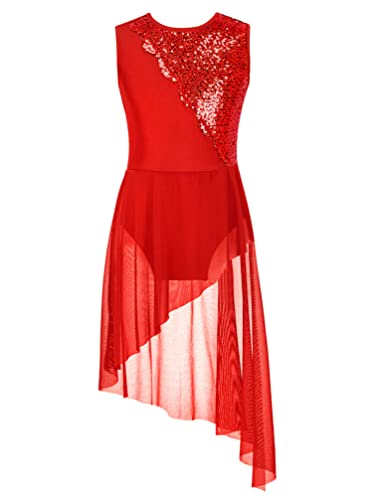 Manyakai Pailletten Tanzkleid Mädchen Latein Standard Glitzer Ärmellos Ballettanzug Ballett Body Mit Unregelmäßig Rock Kinder Ballerinas Kostüm A Rot 146-152 von Manyakai