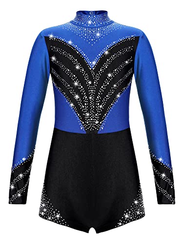 Manyakai Turnanzug Mädchen Langarm Glitzer Kinder Gymnastikanzug Mit Bein Stehkragen Ballett Body Trikot Cut Out Eiskunstlauf Body Wettbewerb Tanzkostüm Königsblau 122-128 von Manyakai