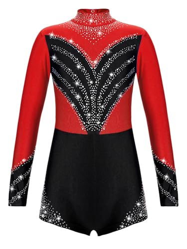 Manyakai Turnanzug Mädchen Langarm Glitzer Kinder Gymnastikanzug Mit Bein Stehkragen Ballett Body Trikot Cut Out Eiskunstlauf Body Wettbewerb Tanzkostüm Rot 146-152 von Manyakai