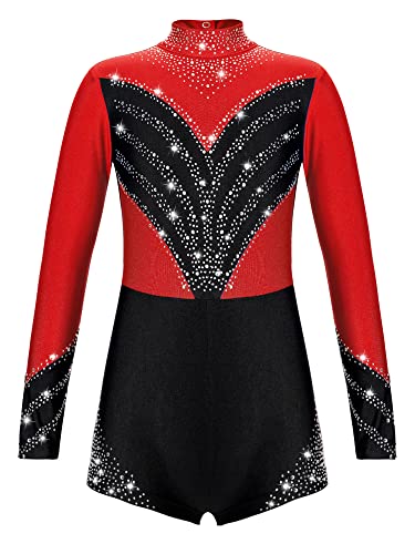 Manyakai Turnanzug Mädchen Langarm Glitzer Kinder Gymnastikanzug Mit Bein Stehkragen Ballett Body Trikot Cut Out Eiskunstlauf Body Wettbewerb Tanzkostüm Rot 158-164 von Manyakai