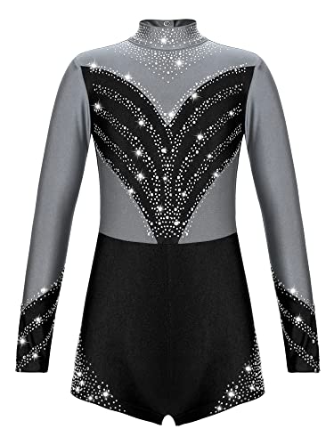 Manyakai Turnanzug Mädchen Langarm Glitzer Kinder Gymnastikanzug Mit Bein Stehkragen Ballett Body Trikot Cut Out Eiskunstlauf Body Wettbewerb Tanzkostüm Silber-Grau 134-140 von Manyakai