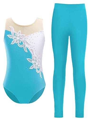 Manyakai Turnanzug Mädchen Zweiteiler Ärmellos Gymnastikbody Cut Out Ballett Trikot High Waist Tanzhose Gymnastikhose Motiv Tanzbekleidung Blau Grün 122-128 von Manyakai