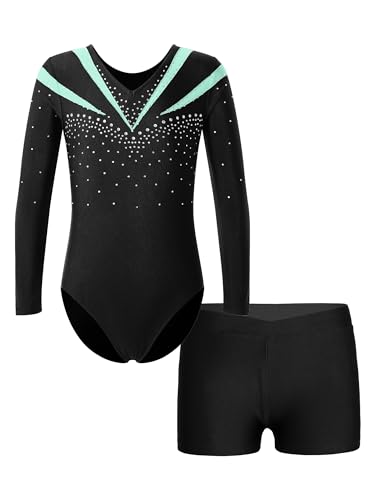 Manyakai Turnanzug Mit Shorts Kinder Mädchen Langarm Tanzkleidung Set Strass Glitzer Ballett Body Patchwork Eiskunstlauf Anzug Einfarbig Kurze Hose Dancewear Hell Grün 146-152 von Manyakai