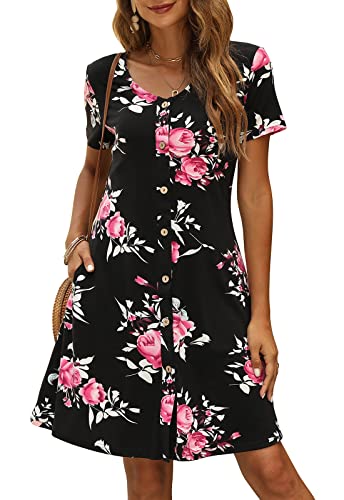 Manydress Damen Sommer Casual T-Shirt Kleider Kurzarm Button Down Swing Kleid mit Taschen MY035 - Schwarz - XX-Large von Manydress