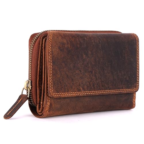 Manza Damen Geldbörse Echt Leder - Portemonnaie mit RFID Schutz - Portmonee viele Kartenfächer - Echtleder Vintage Damenbörse (Tan) von Manza