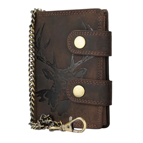 Manza Echt Leder Biker Geldbörse Portemonnaie Geldbeutel Leder mit RFID Schutz Hochformat (Hirschkopf, Braun) von Manza