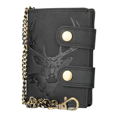 Manza Echt Leder Biker Geldbörse Portemonnaie Geldbeutel Leder mit RFID Schutz Hochformat (Hirschkopf, Schwarz) von Manza