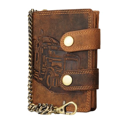 Manza Echt Leder Biker Geldbörse Portemonnaie Geldbeutel Leder mit RFID Schutz Hochformat (LKW, Tan) von Manza