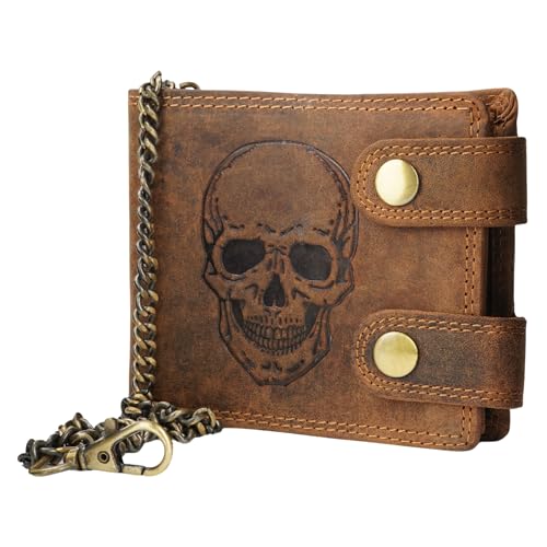 Manza Echt Leder Biker Geldbörse Portemonnaie Geldbeutel Sauvage Leder mit RFID Schutz (Totenkopf, Tan) von Manza