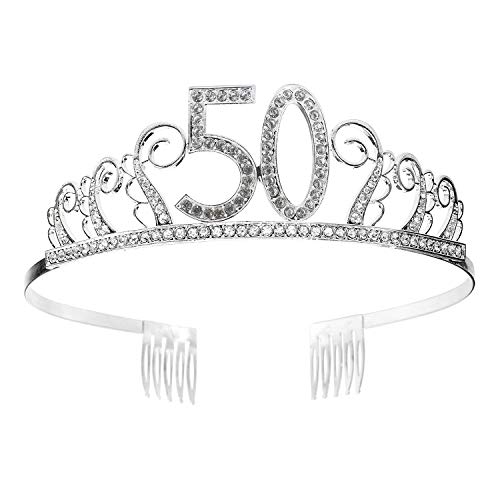 50 Geburtstag Krone Diadem Tiara mit Haarkamm Kristall Strass Silber Geburtstagsgeschenk zum 50 Jahre für Frauen Prinzessin Party Supplies und Dekorationen mit Kristall Silber von MaoXinTek