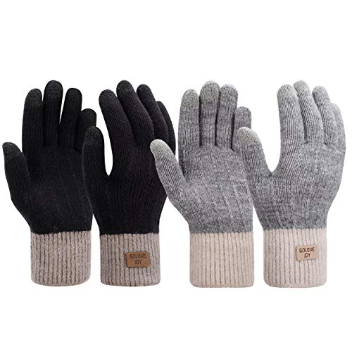 Damen Winter Handschuhe 2 Paar Frauen Warme Touchscreen Baumwolle Kurzer Gestrickte Fäustlinge für Tippen Fahren Schwarz + Grau von MaoXinTek