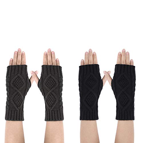 MaoXinTek Damen Fingerlos Handschuhe Halb Fäustlinge für Winter, Wärmer Strick Kurzer Gestrickte Fingerlose Armstulpen mit Daumenloch, Schwarz/Grau 2 Paar von MaoXinTek