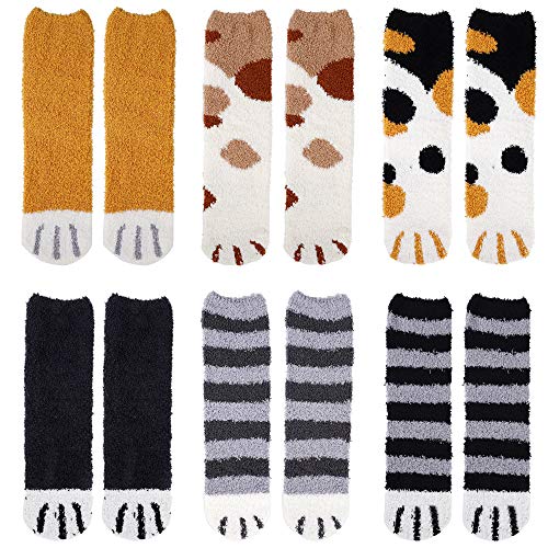 MaoXinTek Flauschige Socken, Kuschel Bettsocken Cute Katze Muster Hausschuhsocken Winter Warme Fuzzy Plüsch Zuhause Schlafen für Frauen Mädchen (6 paar) von MaoXinTek