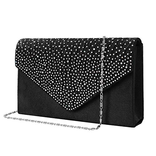 MaoXinTek Satin Pochette Mariage Soirée Sac à Main Bandouliere pour Femme pour Fête Cocktail Mariage Cadeau, Élégant Enveloppe Bourse Chaine Diamant Pour Dame Fille, Noir von MaoXinTek