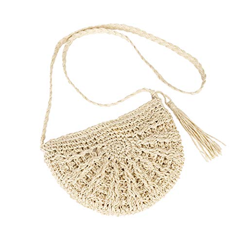 MaoXinTek Stroh Crossbody Tasche Frauen Handarbeit Weben Umhängetasche Retro Halbkreisförmig Sommer Strand böhmische Quaste Schulterbeutel Geldbörse für Reisen Urlaub Beige von MaoXinTek