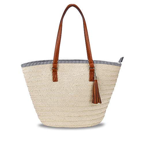 MaoXinTek Stroh Handtasche, Sommer Strand Tasche Damen Schultertasche mit Ledergriffe, Quaste Böhmische Handgewebt Crossbody für Frauen Reisen Urlaub Freizeit Geflochten Basttasche von MaoXinTek