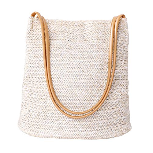 MaoXinTek Strohtaschen Damen Stroh Handtasche Sommer Handarbeit Umhängetasche Böhmische Handgewebt Schultertaschen Beuteltasche für Frauen Reisen Urlaub Freizeit Geflochten Beige von MaoXinTek