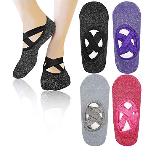 MaoXinTek Yoga Socken 4 Paar rutschfeste Pilates Socken Tanz Crisscross Straps Design für Damen Pilates Barre Ballett von MaoXinTek