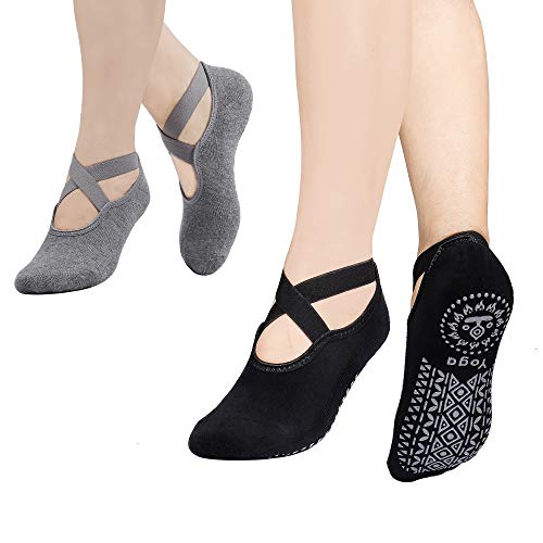 MaoXinTek Yoga Socken für Damen 2 Paar Rutschfeste Sportsocken mit Gummisohlen für Yoga, Pilates, Ballett, Tanz, Barre, Fitness, Barfuß-Training, Trampolin Schwarz + Grau von MaoXinTek