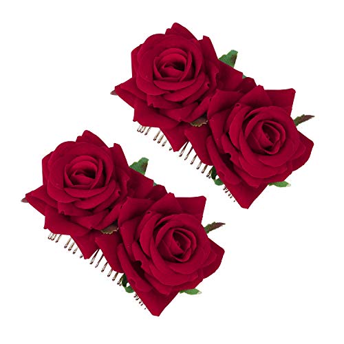 Rose Blume Haarspangen, Haarnadel Damen Braut Haarschmuck Aufstecken Brosche Hochzeit Rot Rosen Künstliche Haarclips Haarklammer Flamenco Tänzerin, 2 Stück von MaoXinTek