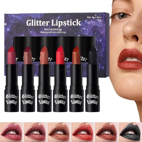 Maodom Glitzer Lippenstift - Abriebfester Lipgloss | 6 Stück Wasserdichter Abriebfester Langhaltiger Lip Glitzer Für Damen Hochzeit Party Date Festliche Anlässe von Maodom
