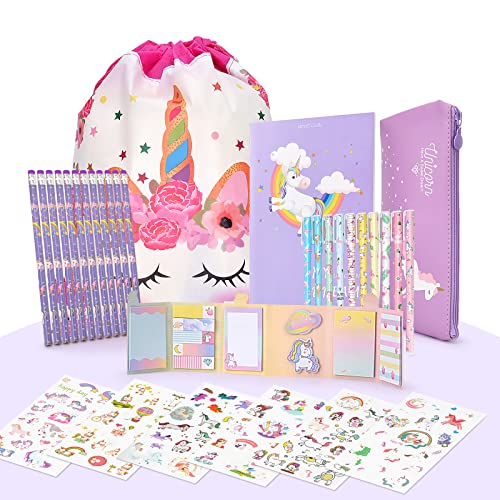 Maomaoyu Einhorn Geschenk Set für Mädchen&Junge mit 12 Einhorn Bleistiften und 1 Federmäppchen, Schönes Cartoon-Notizbuch, Ästhetisch Aufklebern und Süße Haftnotizen, Lila von Maomaoyu