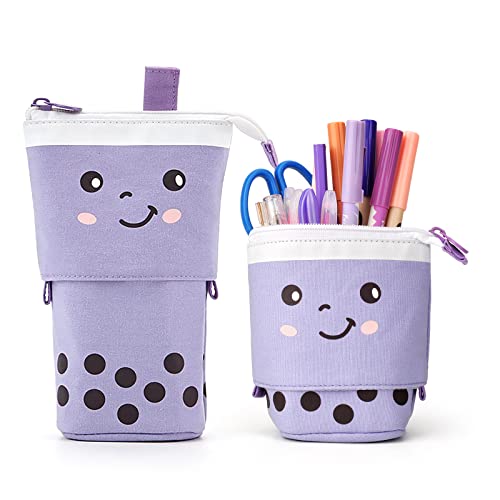 Katz Schön Stehendes Mäppchen, Handy Einziehbares Federmäppchen, Praktische Leinwand Stifte Etui für Schule & Uni, Stifthalter Federtasche für Teenager Mädchen Jungen Kinder Erwachsene, Lila & Punkt von Maomaoyu