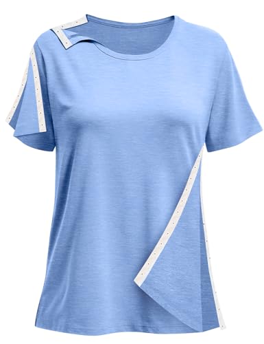 Hemden für Damen nach der Schulter, kurze Ärmel, voller Schnappverschluss, offener Arm, Schultern, Erholungskleidung, Chemo-Kleidung, Hellblau (12), X-Groß von Maopotoufu