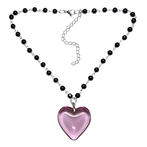 Maouira Übertreibung Glas Liebe Herz Anhänger Schwarz Perlen Ketten Halsketten für Frauen Modeschmuck Großes Herz Anhänger für Frauen Modeschmuck Y2k von Maouira