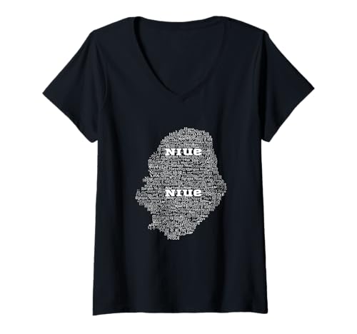 Damen Niue Map, Niue in Weltsprachen T-Shirt mit V-Ausschnitt Damen Niue Map, Niue in Weltsprachen T-Shirt mit V-Ausschnitt von Map & Flag Co