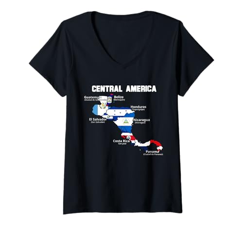 Damen Reise nach Zentralamerika Flaggenkarte, für Voyagers & Entdecker T-Shirt mit V-Ausschnitt Damen Reise nach Zentralamerika Flaggenkarte, für Voyagers & Entdecker T-Shirt mit V-Ausschnitt von Map & Flag Co