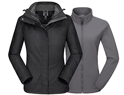 Mapamyumco Damen 3-in-1 wasserdichte Skijacke Windjacke Winterjacke Fleecefutter Regen und Schnee Outdoor Wandern Schwarz M von Mapamyumco