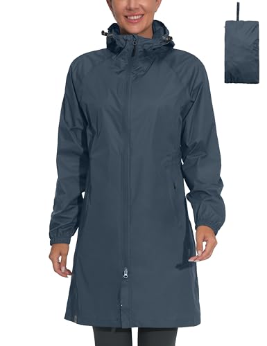 Mapamyumco Damen Regenjacke Wasserdicht Atmungsaktiv Winddicht Leicht Lang mit Kapuze Regenmantel Windbreaker Regenparka Übergangsjacke Freizeitjacke Ultraleicht verstaubar Blau XL von Mapamyumco