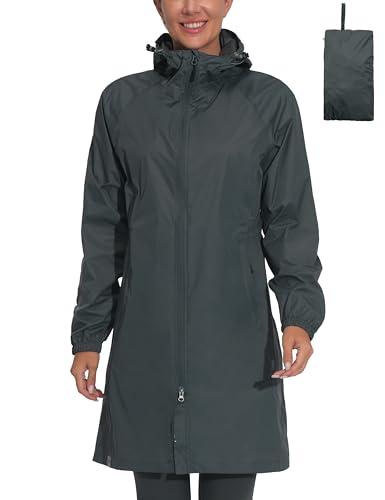 Mapamyumco Damen Regenjacke Wasserdicht Atmungsaktiv Winddicht Leicht Lang mit Kapuze Regenmantel Windbreaker Regenparka Übergangsjacke Freizeitjacke Ultraleicht verstaubar Grau L von Mapamyumco