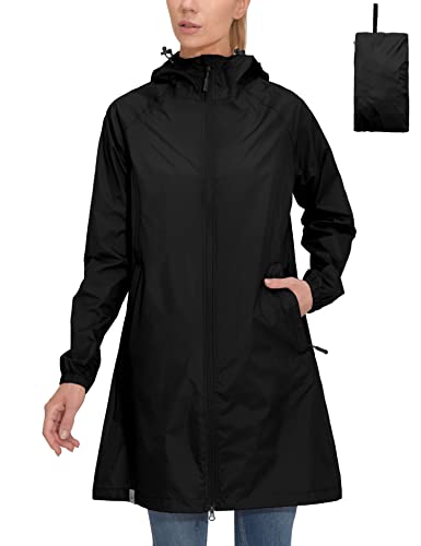 Mapamyumco Damen Regenjacke Wasserdicht Atmungsaktiv Winddicht Leicht Lang mit Kapuze Regenmantel Windbreaker Regenparka Übergangsjacke Freizeitjacke Ultraleicht verstaubar Schwarz L von Mapamyumco