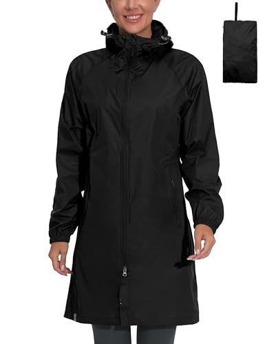 Mapamyumco Damen Regenjacke Wasserdicht Atmungsaktiv Winddicht Leicht Lang mit Kapuze Regenmantel Windbreaker Regenparka Übergangsjacke Freizeitjacke Ultraleicht verstaubar Schwarz XS von Mapamyumco