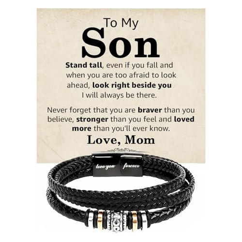 Armband mit Aufschrift "To My Son From Mom Dad" mit personalisierter Nachricht, Forever Linked Together, schwarzes geflochtenes Leder, inspirierende Armbänder, Geschenk für Sohn von Eltern von Mapileng
