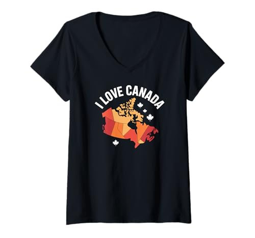 Damen I Love Canada Geometrisches Kartendesign T-Shirt mit V-Ausschnitt Damen I Love Canada Geometrisches Kartendesign T-Shirt mit V-Ausschnitt von Maple Leaf Heritage Canadian Spirit Pride