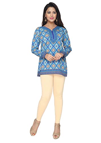 Maple Clothing Damen Kurzes Kurti bedrucktes indisches Tunika-Top Kurta Indien Kleidung, Blau 3, XX-Large von MapleClothing