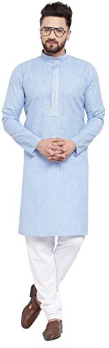 Maple Clothing Herren Kurta Pyjama Baumwolle Selbstdesign indisches Abendkleid, Himmelblau, XXX-Large von MapleClothing
