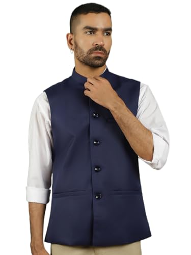 Maple Clothing Herren Nehru Jacke, einfarbig, indische traditionelle Weste, Modi-Weste Bandhgala, Marineblau, Large von MapleClothing