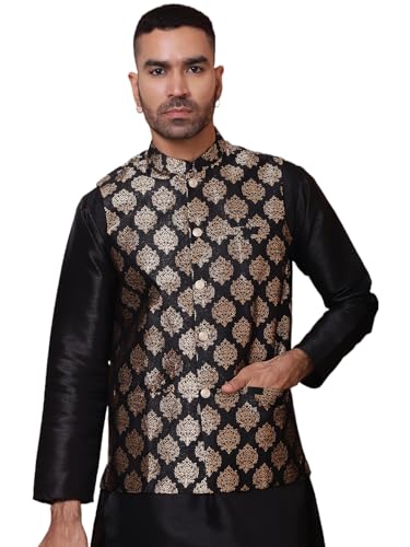 Maple Clothing Herren Nehru Jacke Indische Weste Brokat Traditionelle Hochzeit Gäste Modi Weste Bandhgala, Schwarz, X-Large von MapleClothing