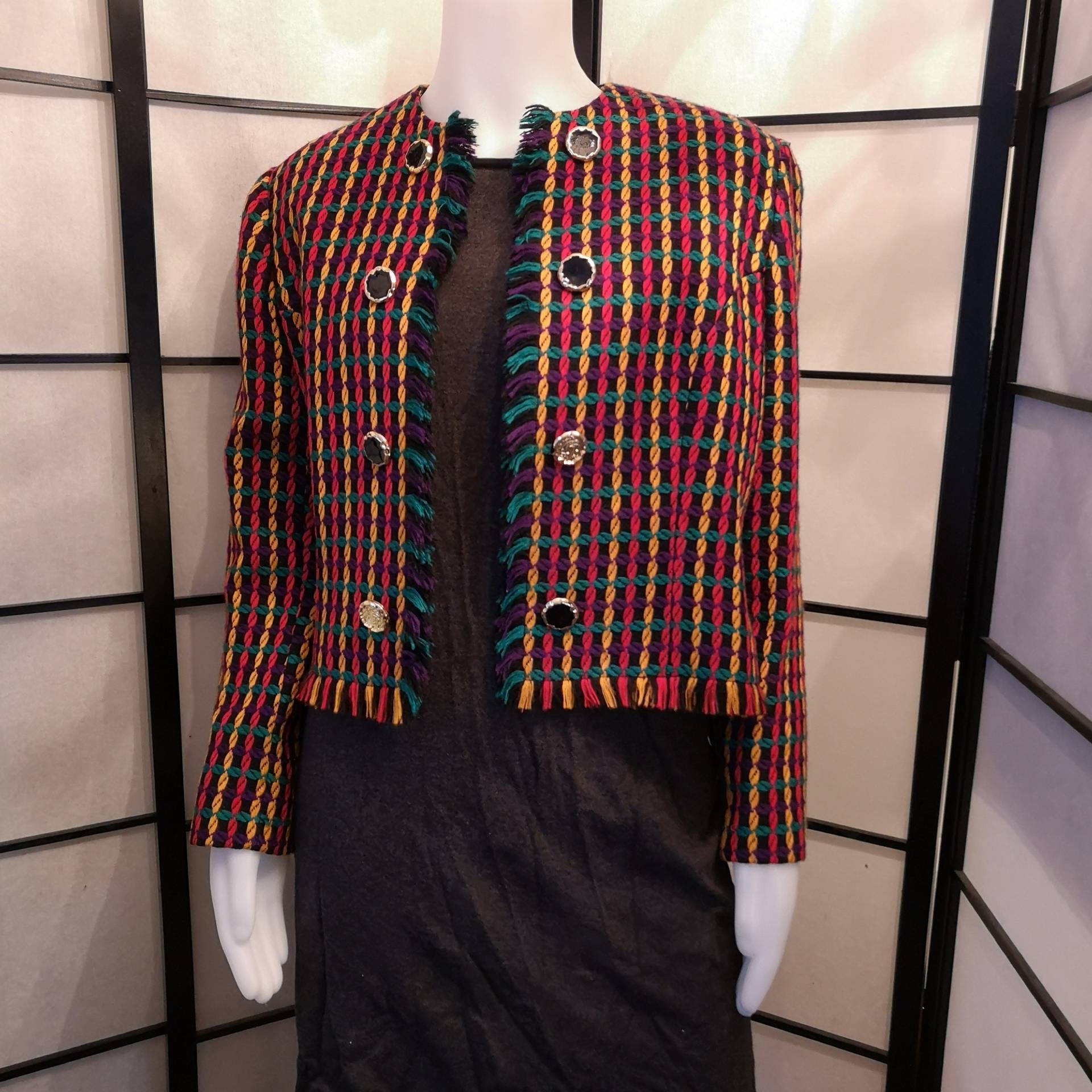 Vintage 80Er Jahre Bunter Blazer Mit Fransen Von Jax Canada - Teppich Gewebt, Fransen, Unikat Retro Büro Chic Vintage 80Er Jahre Bunter Blazer Mit Fransen Von Jax Canada - Teppich Gewebt, Fransen, Unikat Retro Büro Chic von MapleKeysEclectic