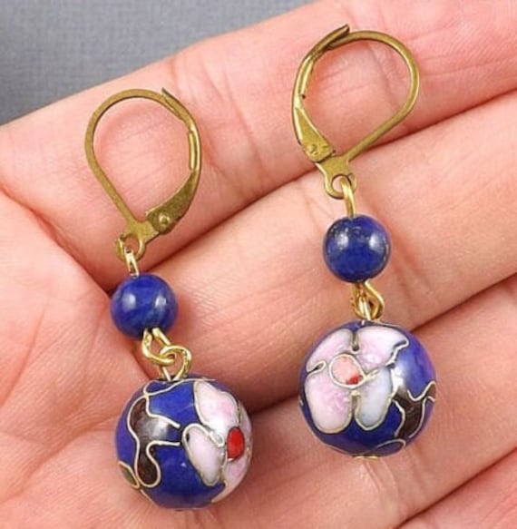 Handmade-1 "Blaue Cloisonne Perlen, Lapis Lazuli Edelstein Perlen Ohrringe von Maplebeads