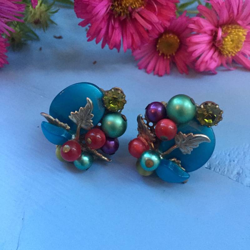 Jahrgang Mid Century Clip-On Ohrringe, 1950Er Jahre Emaille Und Perlenohrringe, Schmuck von Mapleclovervintage