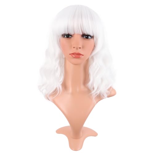 MapofBeauty 14 Zoll/35 cm Kurze Gewellte Lockige Frauen Frische Helle Synthetische Gewöhnliche Flache Pony Bob Perücke (Weiß) von MapofBeauty