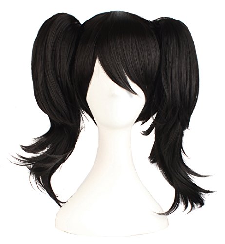 MapofBeauty 22"/55cm Kurz Haar und 2 Pferdeschwanz Schöne Mädchen Cosplay Perücke Komplett-Set 3 tlg (Schwarz) von MapofBeauty